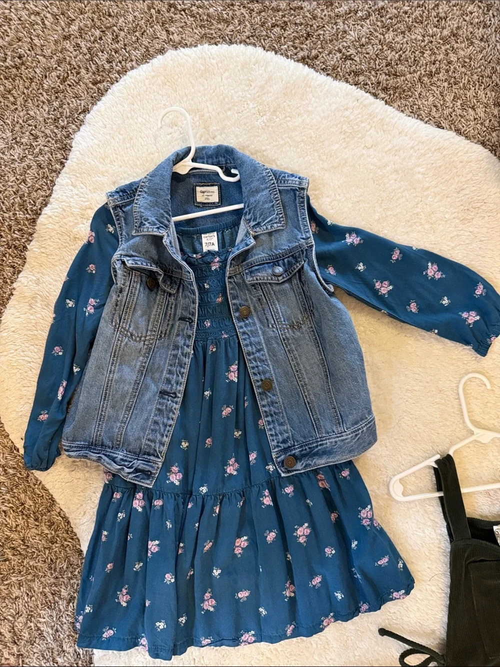 Girls Carter Blue Floral Dress 7 with Gap Kids Denim Vest XL, dark green dress 8